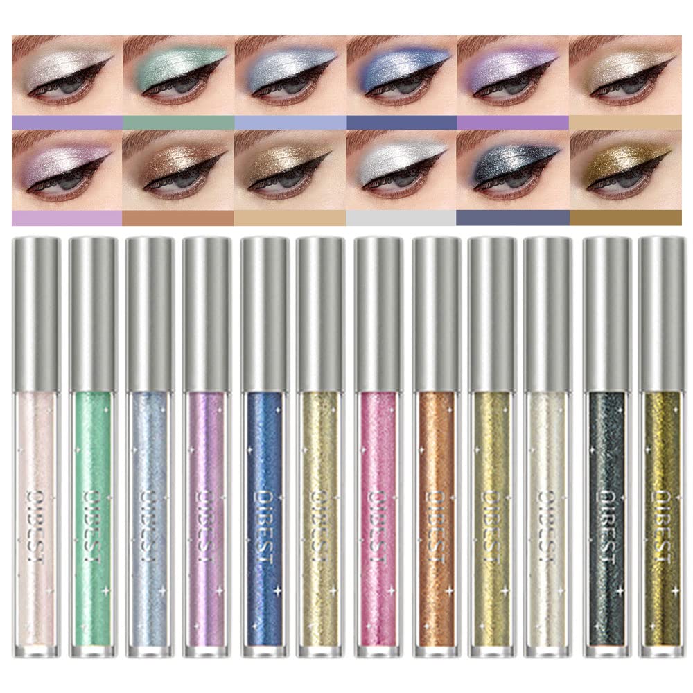 12 Colors Liquid Glitter Eyeshadow Set, Multi-dimensional Metallic Glitter Shimmer Smokey Eye Looks Waterproof Long Lasting Quick-Drying Sparkling Eye Shadow Makeup Kits (Set C)