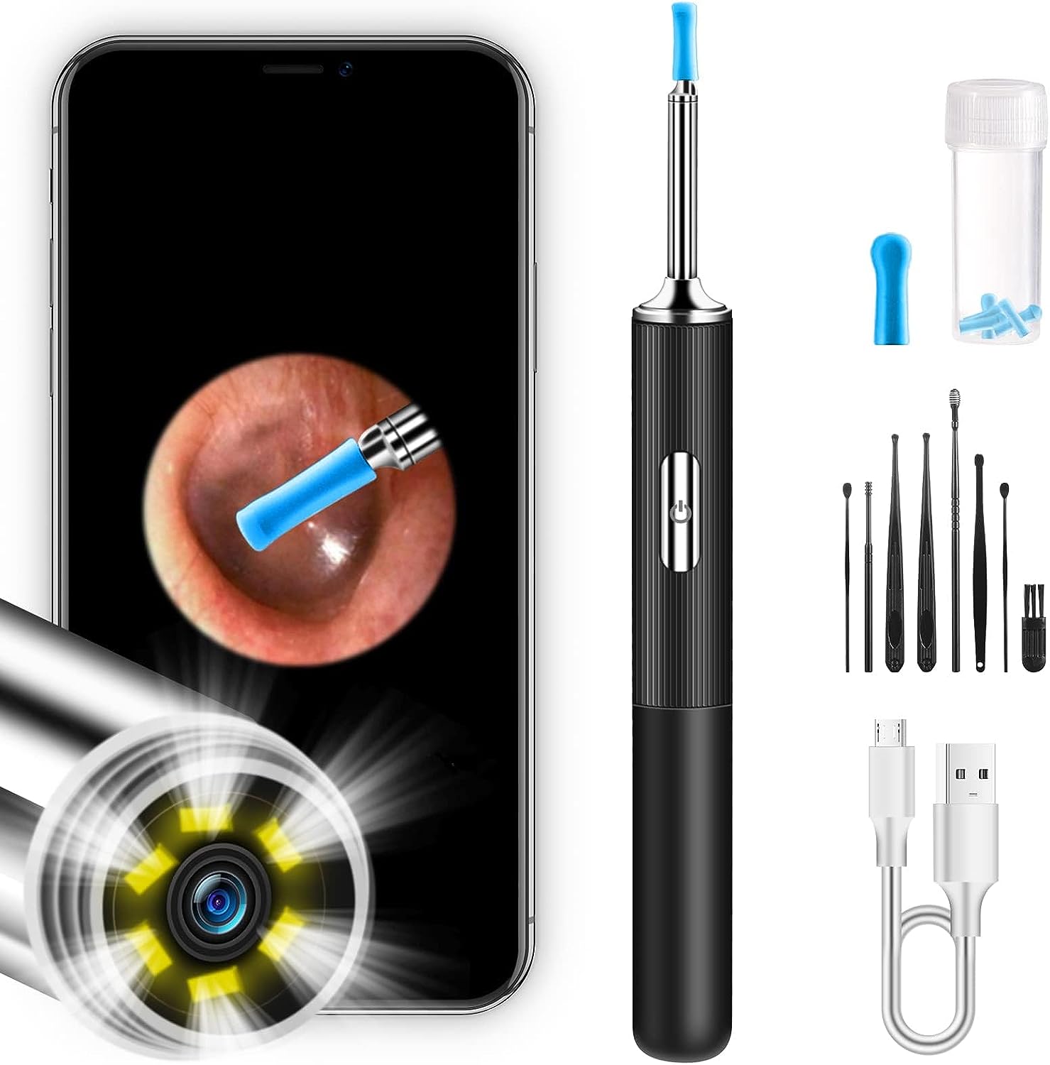 Ear Wax Removal Tool, NiceBirdie Ear Cleaner with Camera and Light 1080P HD Endoscope Ear Cleaning Tools Kit Includes 6 Led Lights Waterproof Ear Scope Compatible with iPhone Android Smartphone